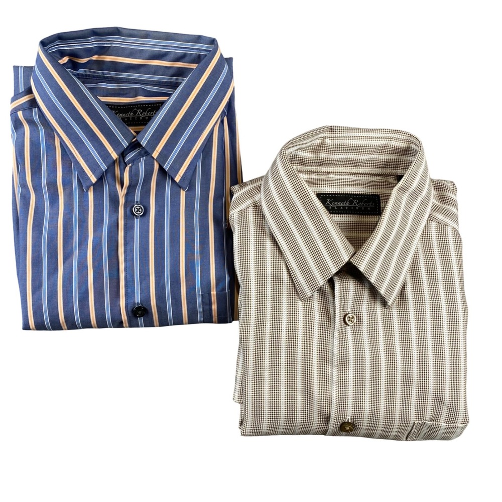 Kenneth Roberts Platinum Mens Large Shirt Lot of 2 Blue Brown Stripe Cotton